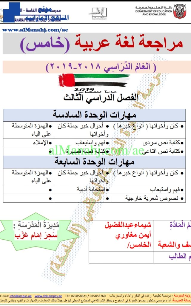ملزمة مراجعة للفصل الثالث , (لغة عربية) الخامس