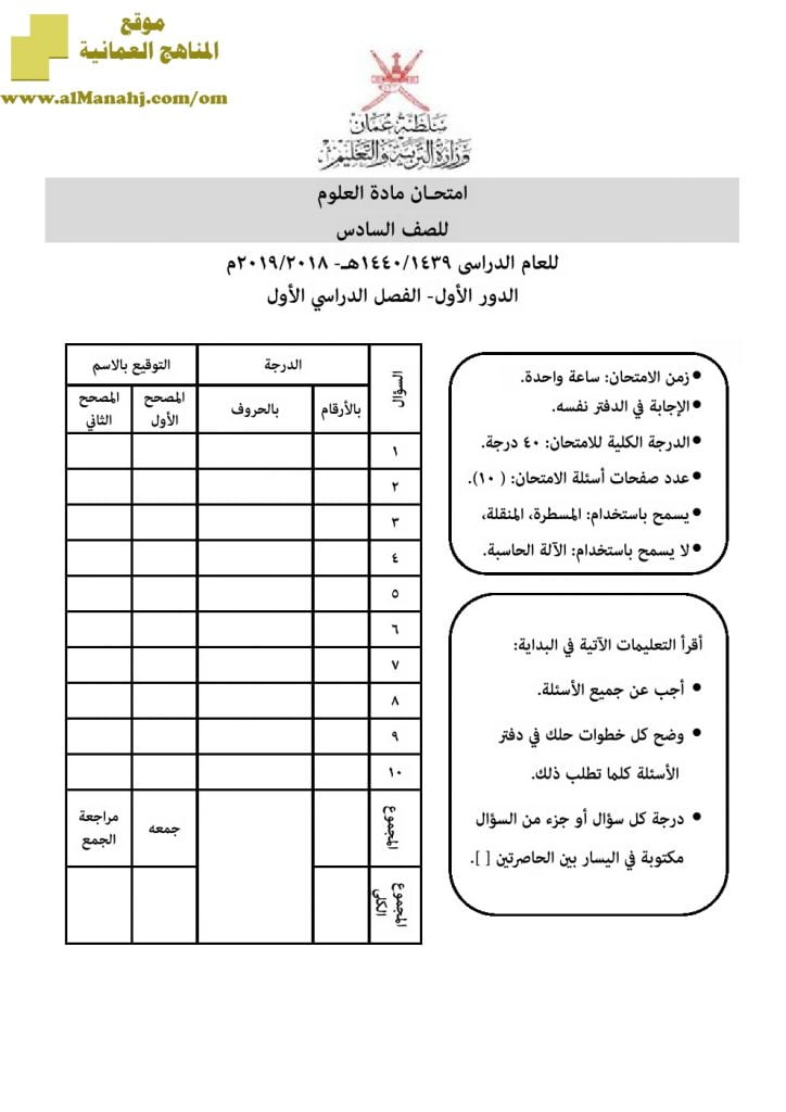 أسئلة وإجابة الامتحان الرسمي للفصل الدراسي الأول الدور الأول والثاني ~ (علوم) السادس
