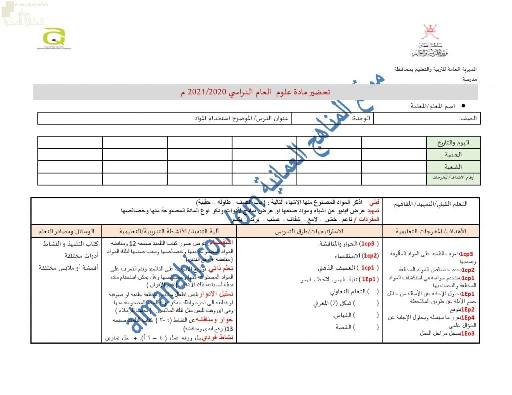 تحضير الكتروني لدرس استخدام المواد (علوم) الأول