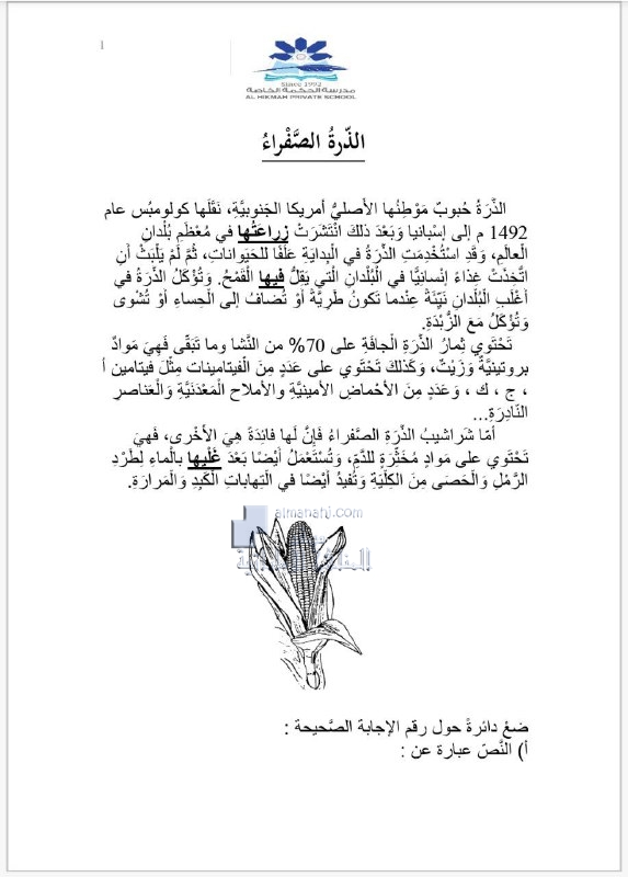 ورقة عمل درس الذرة الصفراء مع الحل, (لغة عربية) الثالث
