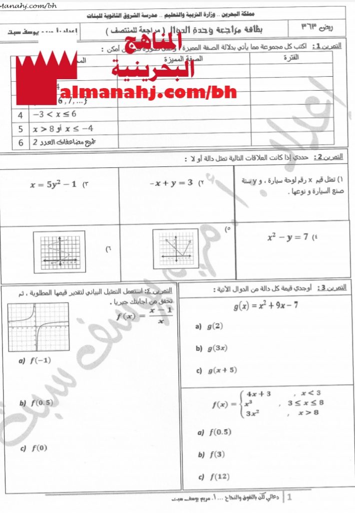 بطاقة مراجعة وحدة الدوال (مراجعة المنتصف) مقرر ريض 363