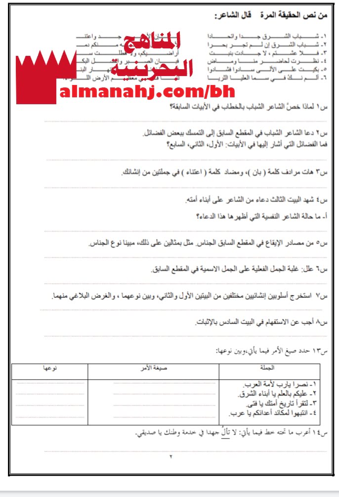 مذكرة مراجعة لمقرر عرب 301 (لغة عربية) الثالث الثانوي