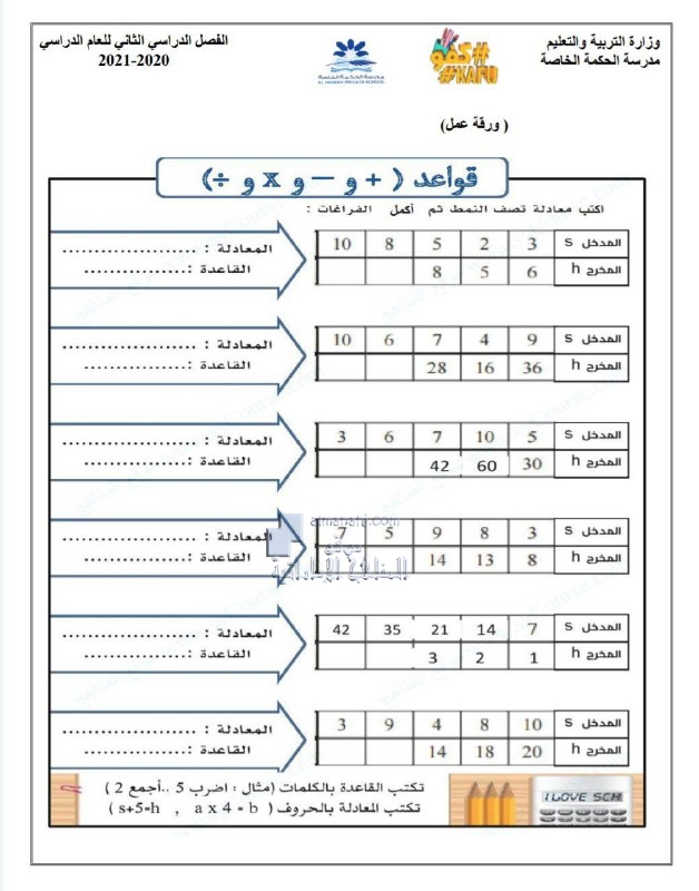 ورقة عمل قواعد الجمع والطرح والقسمة والضرب, (رياضيات) الرابع