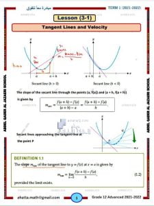 ملخص وأوراق عمل درس TARGENT LINES AND VELOCITY, منهج انجليزي (رياضيات) الثاني عشر المتقدم
