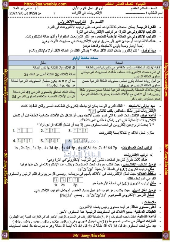 ملخص وأوراق عمل درس الترتيب الالكتروني, (كيمياء) العاشر المتقدم