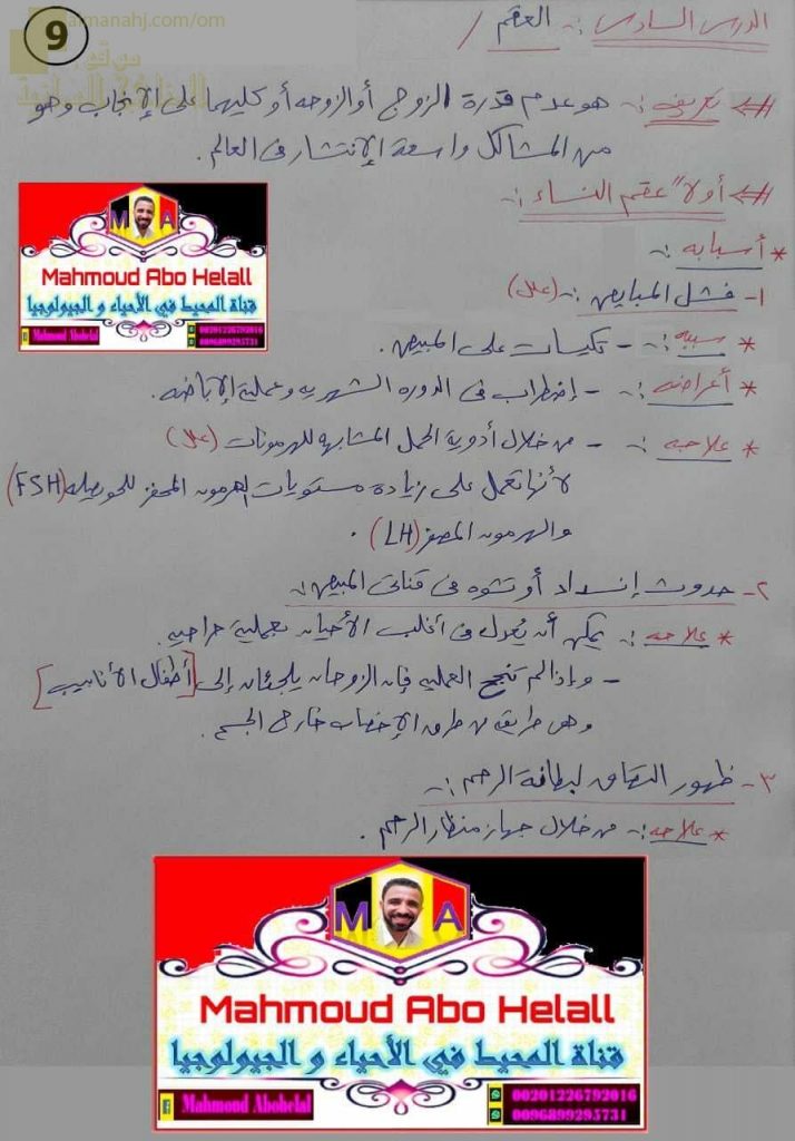 ملخص شرح درس العقم (علوم وبيئة) الثاني عشر