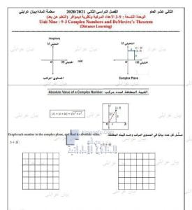 أسئلة مراجعة الوحدة التاسعة – الأعداد المركبة و نظرية ديموافر (التعلم عن بعد), (رياضيات) الثاني عشر العام