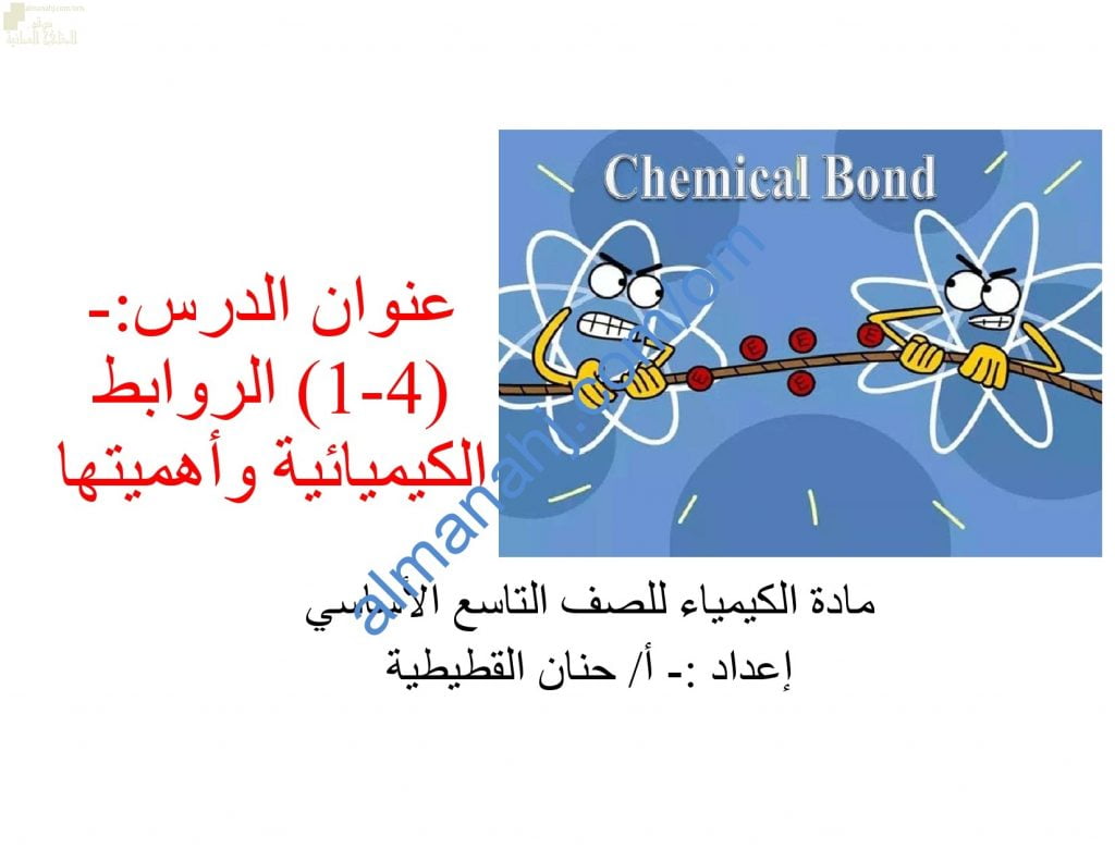 ملخص شرح درس الروابط الكيميائية وأهميتها مع أسئلة اختبارية (كيمياء) التاسع