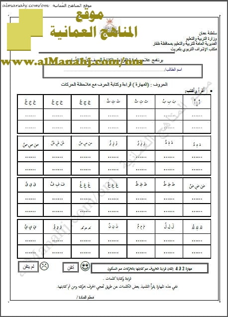 مذكرة برنامج علاجي لمادة القراءة والكتابة (لغة عربية) الأول