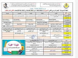 الخطة الأسبوعية للصف الثاني عشر المتقدم الأسبوع الأول لمدرسة الشعلة الخاصة, (المدارس) الثاني عشر المتقدم