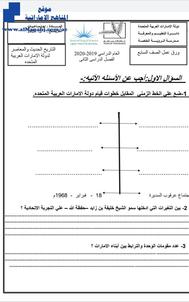 ورقة عمل درس التاريخ الحديث والمعاصر لدولة الإمارات العربية المتحدة, (اجتماعيات) السابع