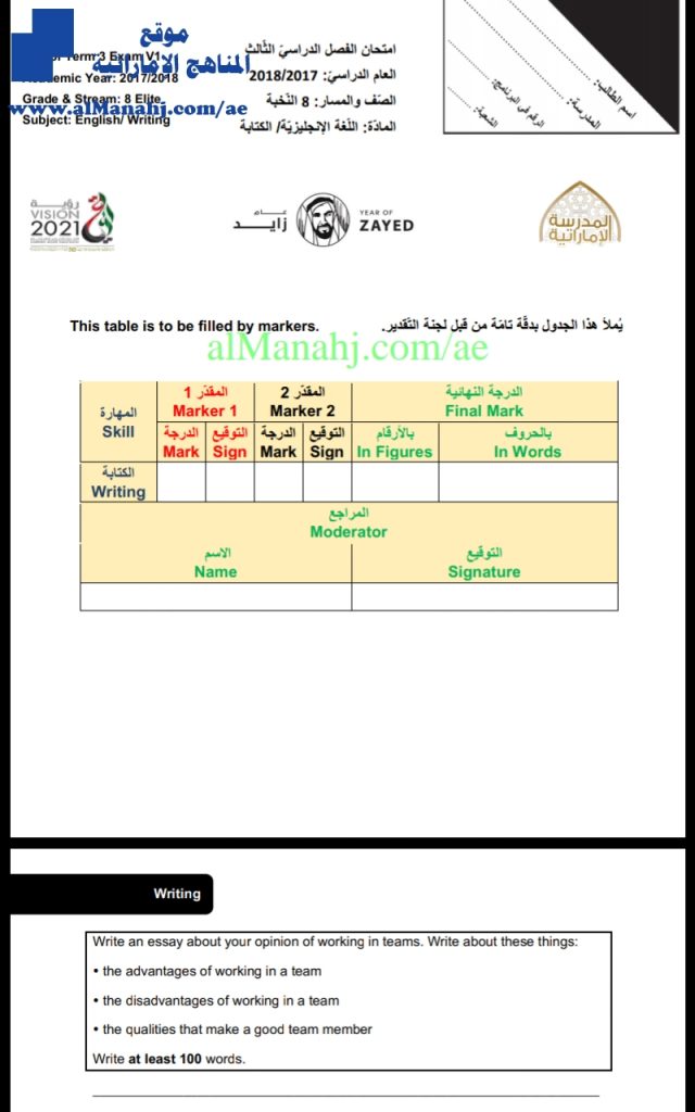 امتحان الكتابة النخبة نهاية , (لغة انجليزية) الثامن