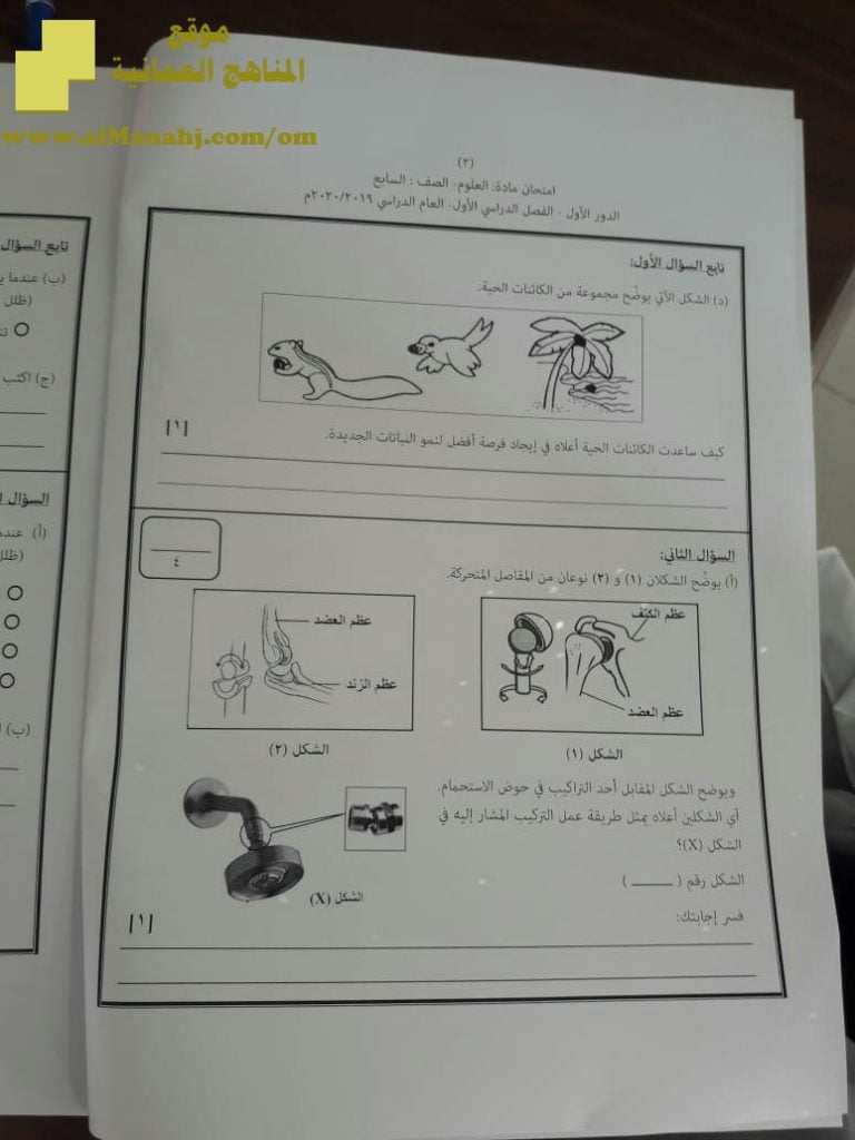 أسئلة الامتحان الرسمي الدور الأول (علوم) السابع